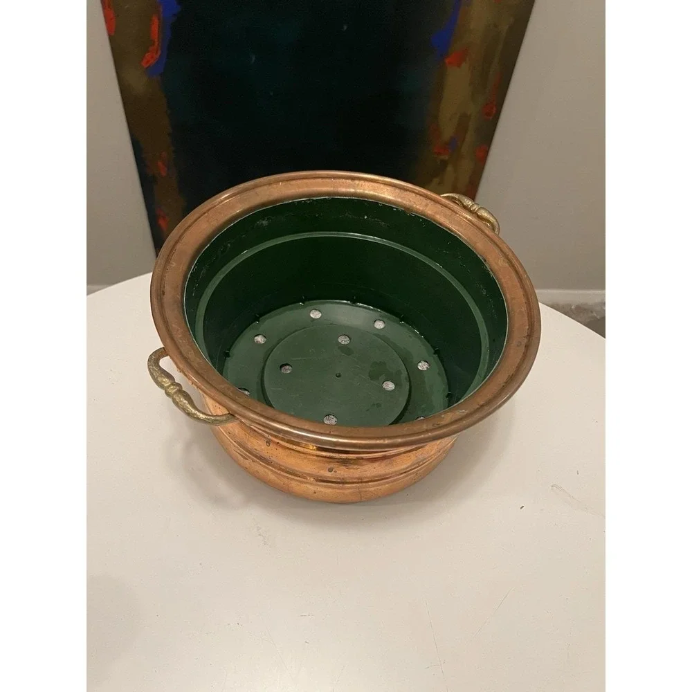 Vintage Copper Planter Cachepot Brass Handles